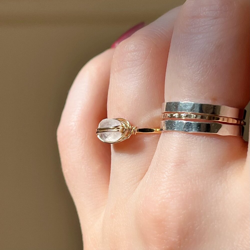 Gold Filled Wire Wrapped Dainty Moonstone Bisected Oval Ring - Picture 4 of 4